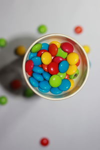 High angle view of multi colored balls on table