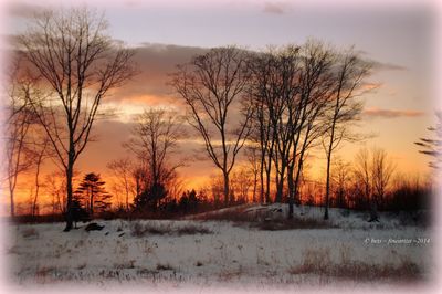 Scenic view of snow covered landscape at sunset