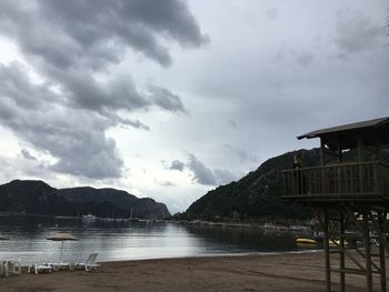 Scenic view of lake and mountains against sky