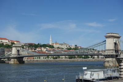 Bridge over river with city in background