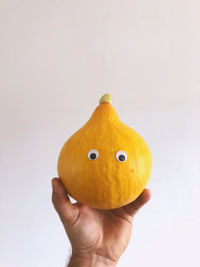 Cropped hand holding pumpkin against white background
