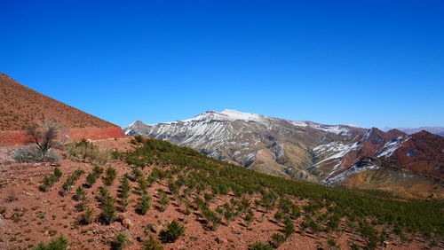 Scenic view of mountains against blue sky