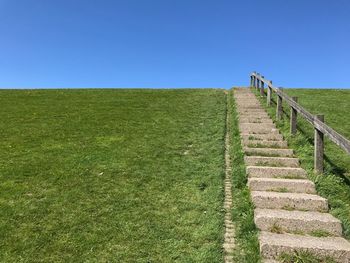 Stairs on green hill against clear blue sky