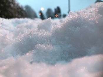 Close-up of snow in city against sky