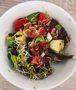 High angle view of salad in bowl on table