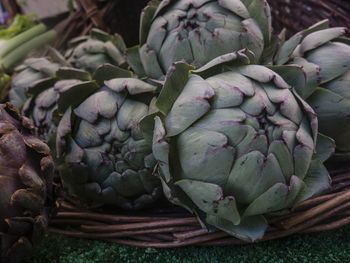 High angle view of artichokes in basket for sale at market