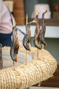 Close-up of fish hanging in basket