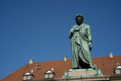 Low angle view of statue against clear blue sky