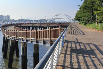 View of bridge over river in city against clear sky