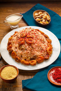 High angle view of food in plate on table