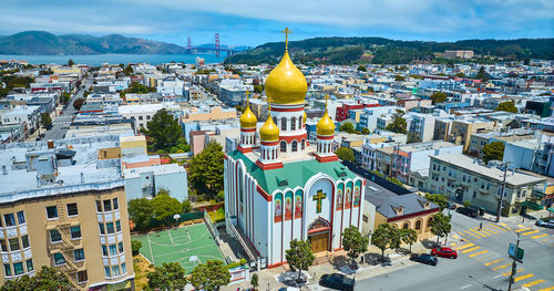 High angle view of buildings in city