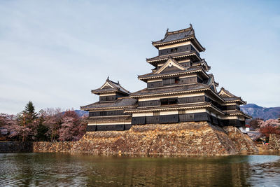 Low angle view of building by lake against sky