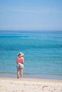 Rear view of man standing on beach against sky