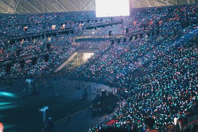 Firework display in city at night