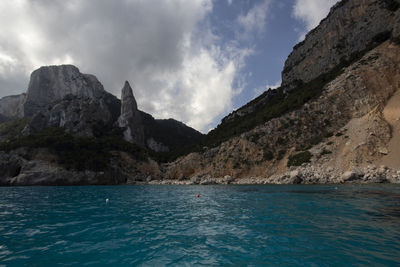 Scenic view of cala golorotze sea and mountains against sky