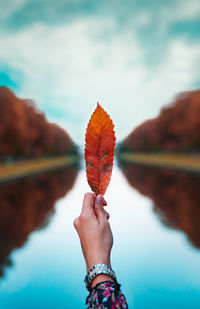 Man holding autumn leaf in lake