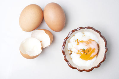 High angle view of eggs on white background