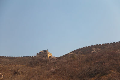 Low angle view of building against clear blue sky