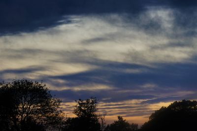 Low angle view of silhouette trees against dramatic sky