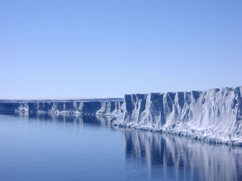 Scenic view of sea and cliff against clear blue sky