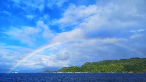 Scenic view of rainbow over sea against sky