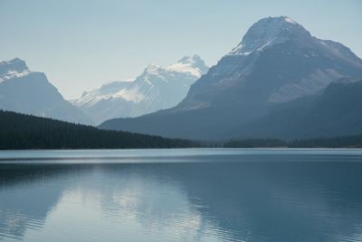 Scenic view of lake and snowcapped mountains against sky