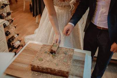 High angle view of people on table