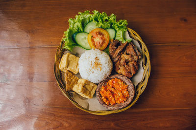 High angle view of food served on table