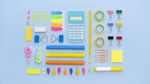 High angle view of toy blocks on white background