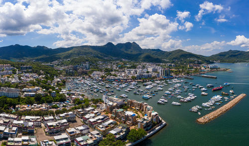 High angle view of boats moored in harbor