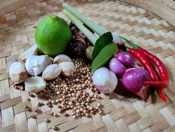 High angle view of herb and spices on table