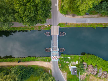 Top view aerial with drone of a draw bridge over the canal dessel-schoten in rijkevorsel, belgium