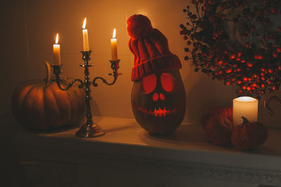 Close-up of jack o lantern on table