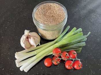 High angle view of food on table