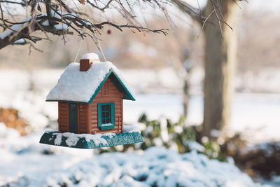 Close-up of birdhouse on tree during winter