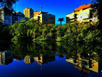 Reflection of buildings in calm water