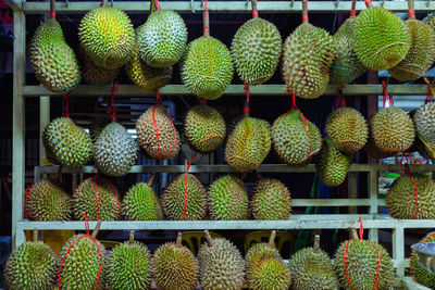 Whole durians - sales stand in kuala lumpur, malaysia. the king of the fruit.