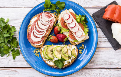 High angle view of meal served on table