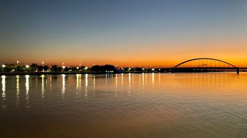 Scenic view of river against clear sky during sunset