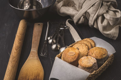 High angle view of cookies on cutting board