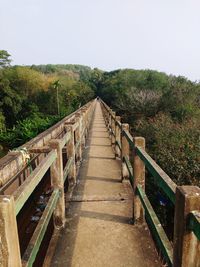 Footbridge along plants and trees against clear sky