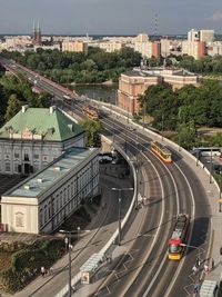 High angle view of traffic on road in city