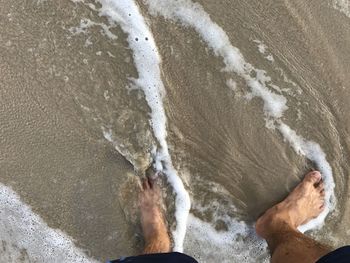 Low section of man standing on sandy beach