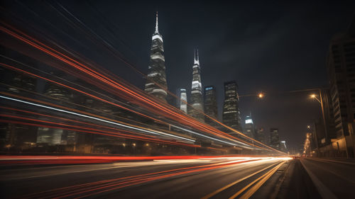 Illuminated light trails on road at night