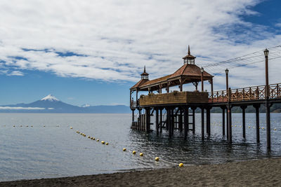 Built structure on water against sky