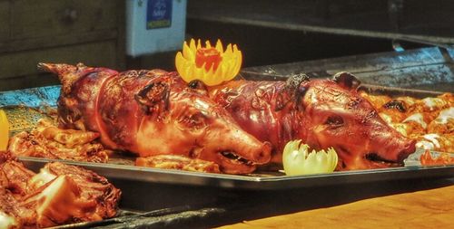 Close-up of meat on barbecue grill