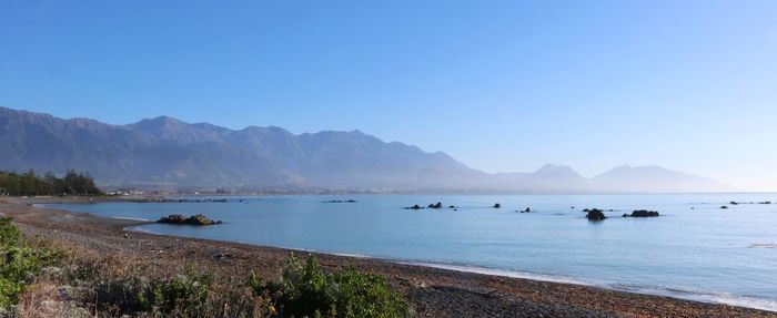 Scenic view of bay against clear sky