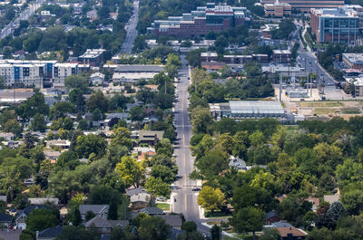 High angle view of trees and buildings in city
