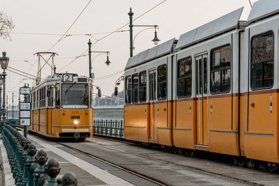 Yellow tram on tracks in street of budapest, hungary