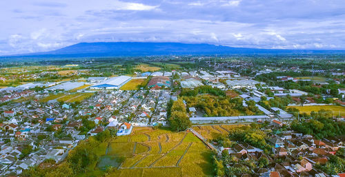 High angle view of town against sky